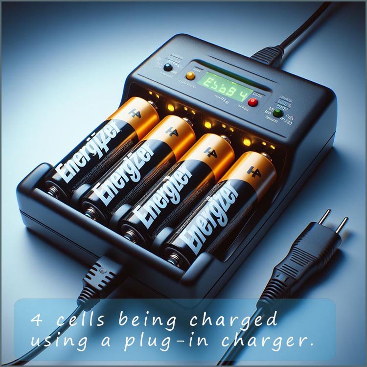 4 cells being charged in a charger